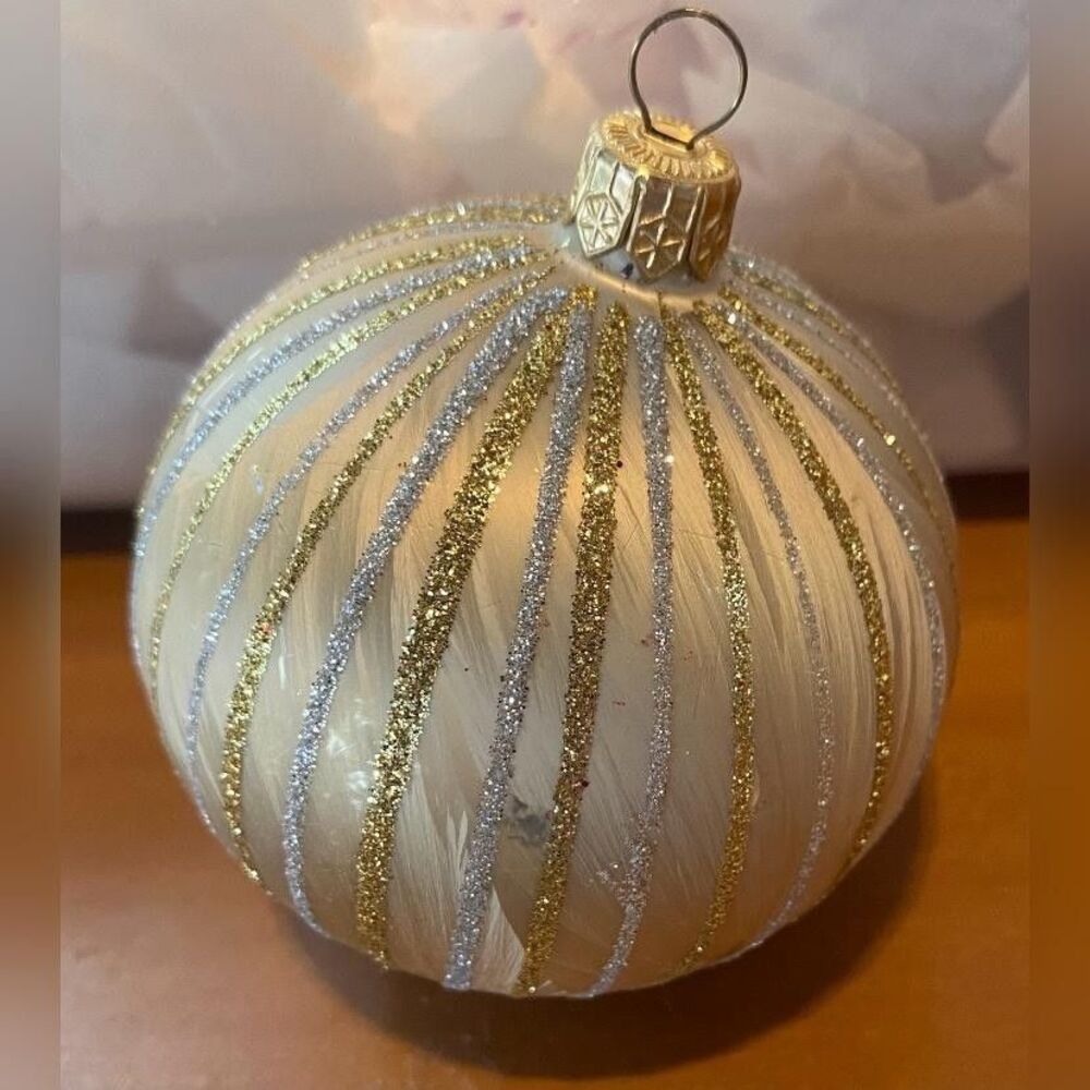 Vintage Gold Glass Christmas Bauble Ornament Medium Striped Glitter Tree Decor